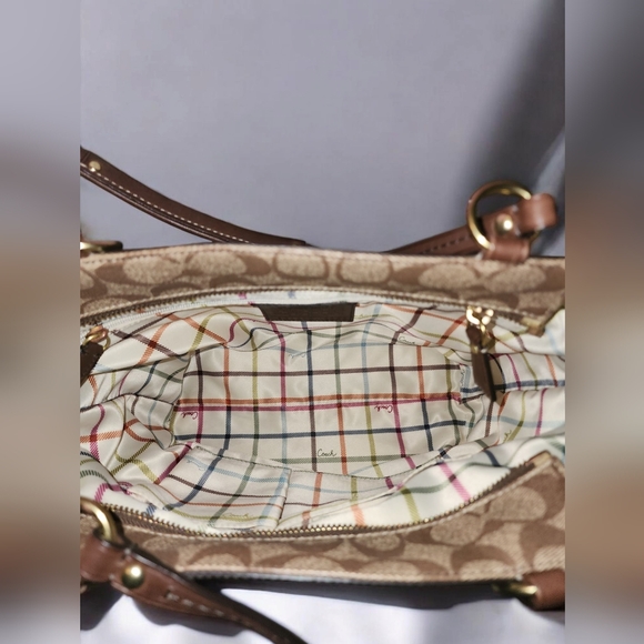 Coach Brown Signature Stripe Canvas Satchel with Gold Accents - Picture 3 of 7